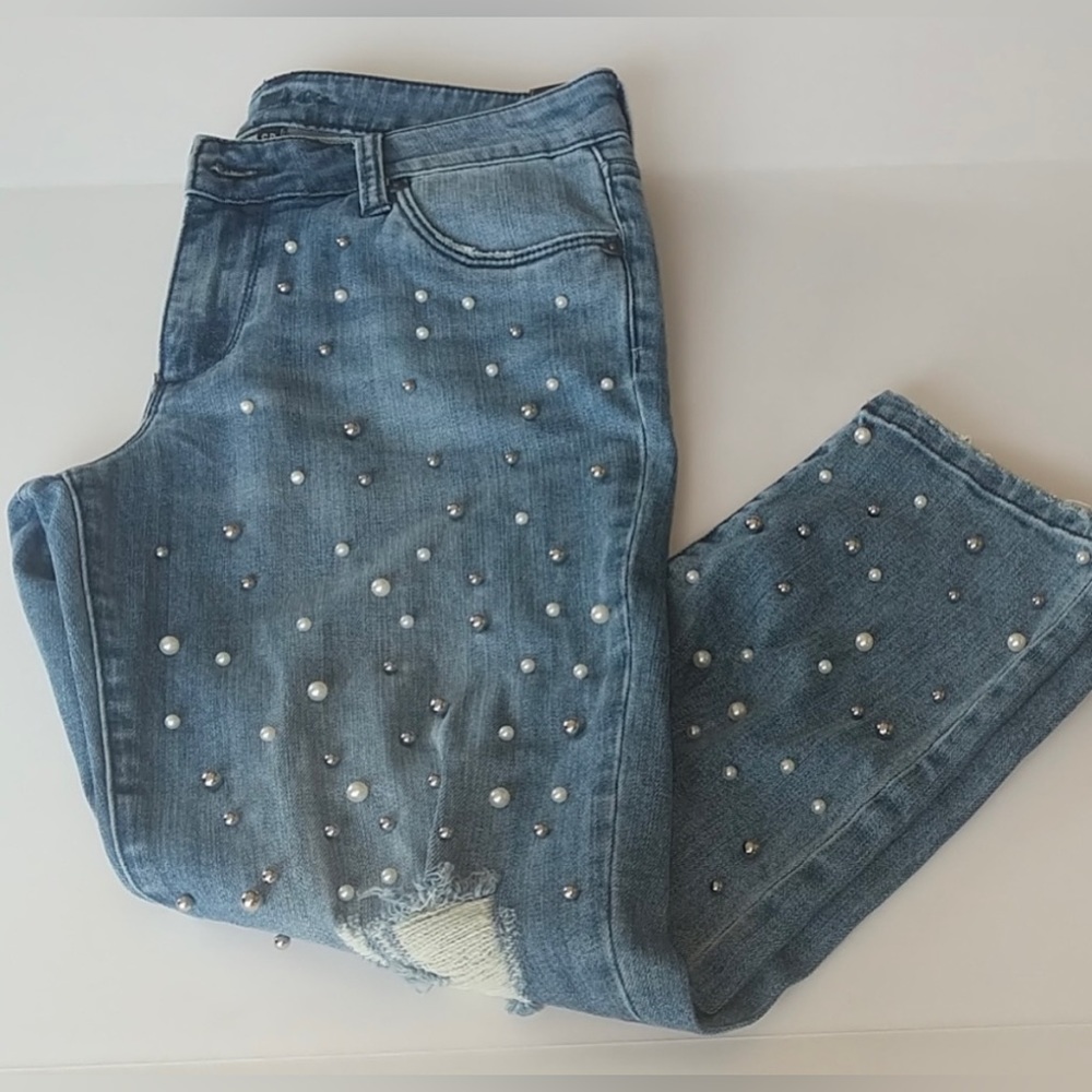 KUT FROM THE KLOTH Distressed Ankle Straight-Leg Jean w/ Pearls & Studs Sz. 4P